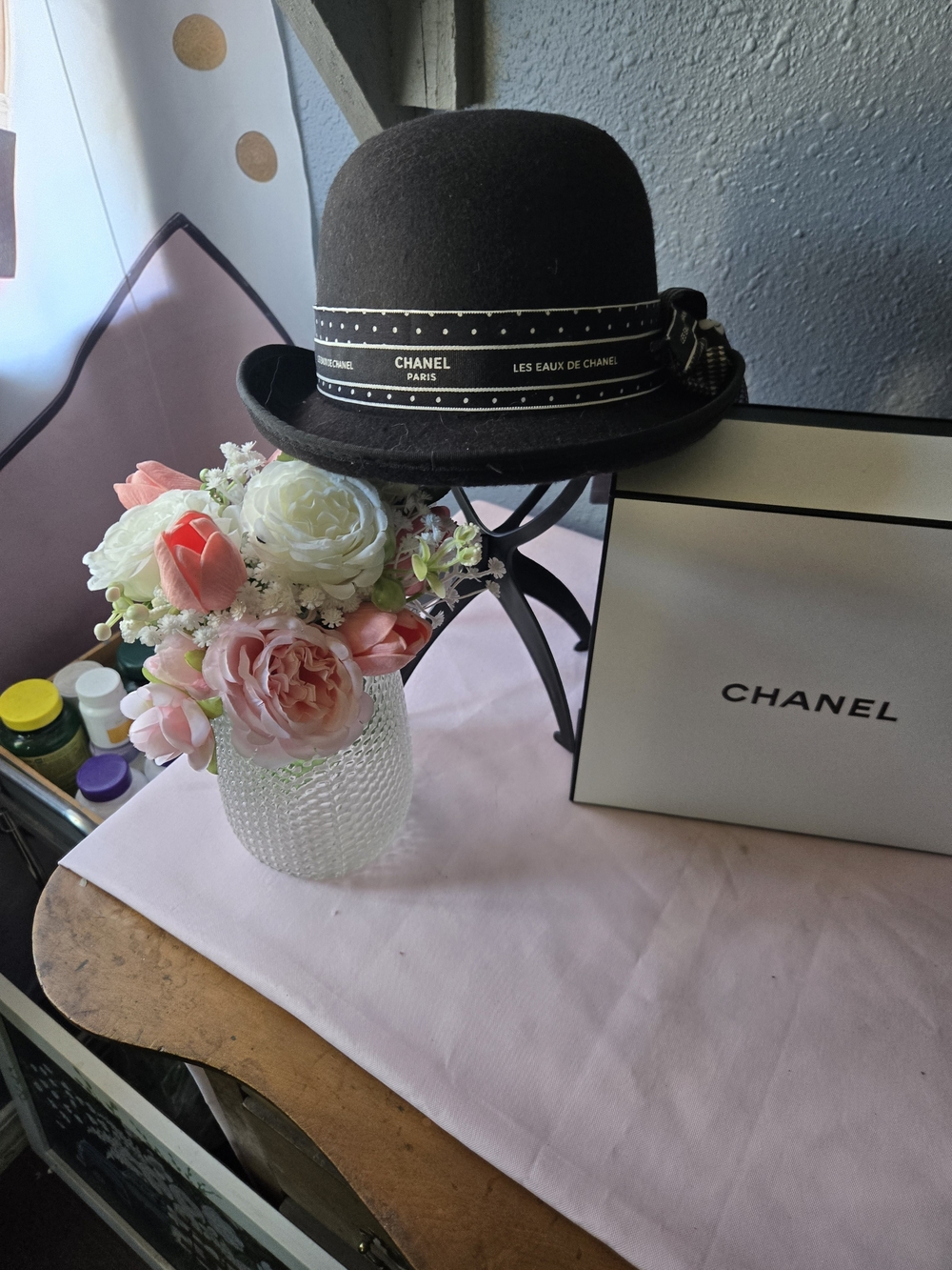 CHANEL- ish Black Felt Bowler Hat with Branded Ribbon Trim
